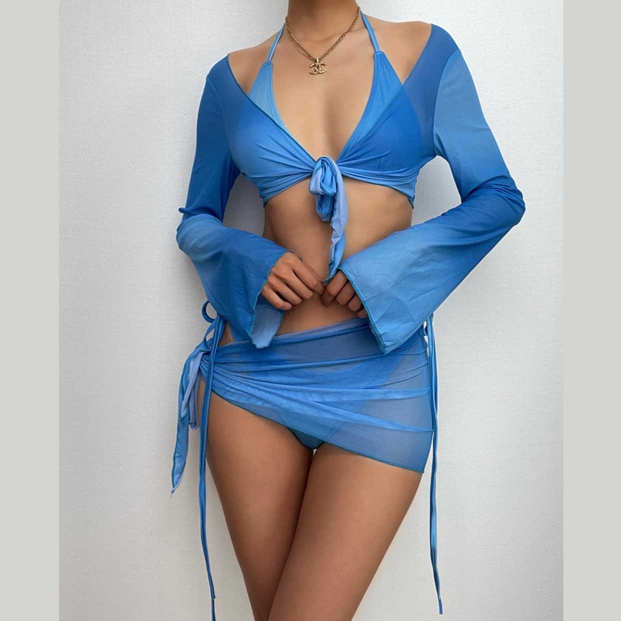 Mesh Long Sleeve Halter Self Tie V Neck Solid Ruffle Shrug Skirt Set