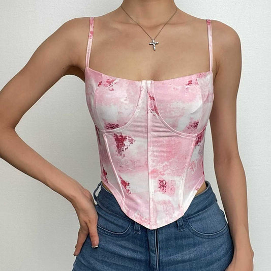Top canotta con cuciture a corsetto e scollo quadrato a contrasto con stampa floreale 