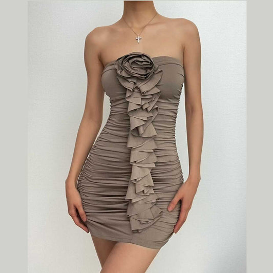 Solid ruched ruffle flower applique backless tube mini dress