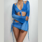 Mesh Long Sleeve Halter Self Tie V Neck Solid Ruffle Shrug Skirt Set