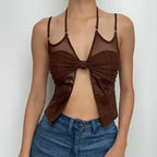 Mesh knotted PU leather patchwork halter solid v neck crop top