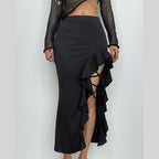 Slit ruffle medium rise solid lace up irregular midi skirt