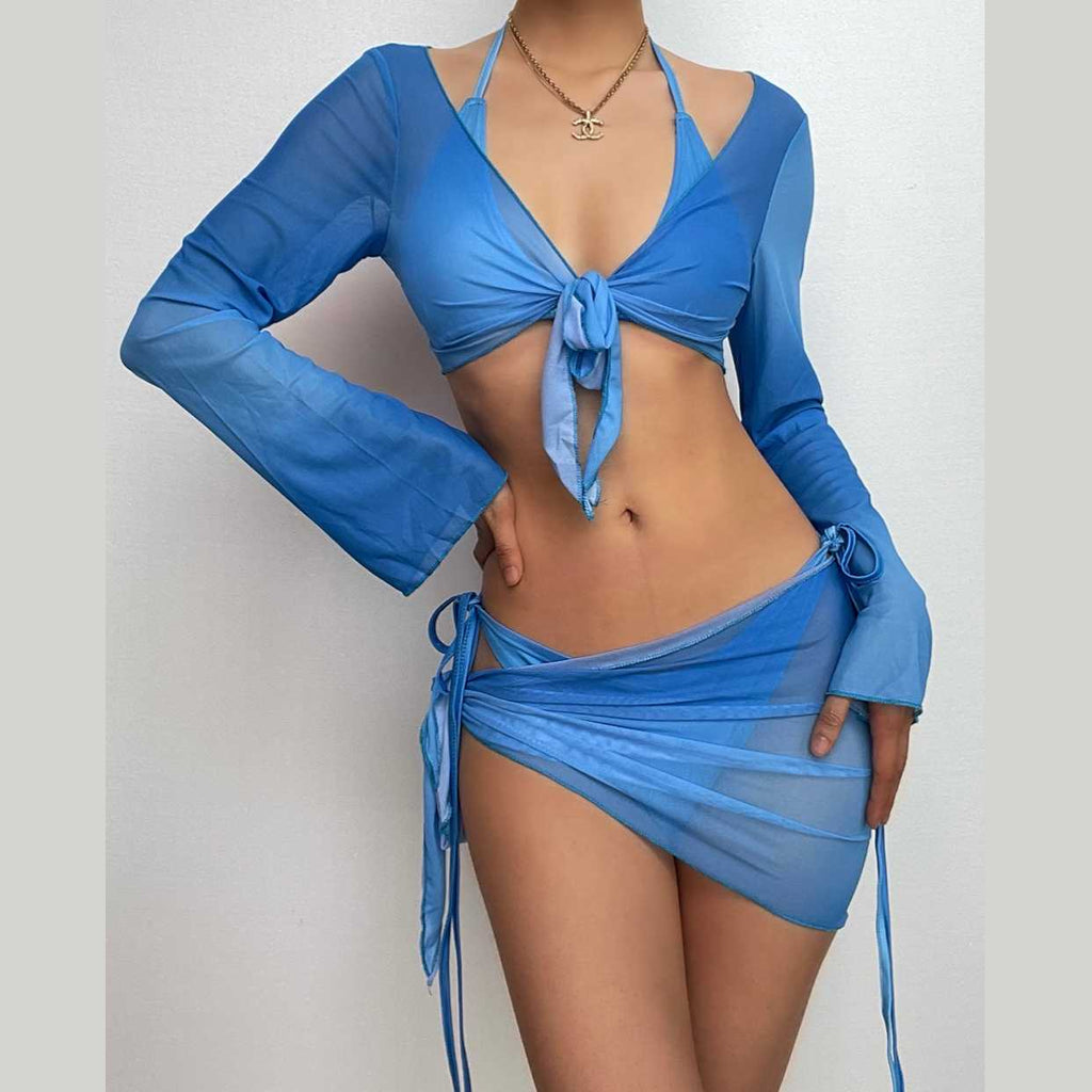 Mesh Long Sleeve Halter Self Tie V Neck Solid Ruffle Shrug Skirt Set