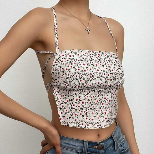 Top corto con stampa floreale, scollo quadrato, schiena scoperta e lacci