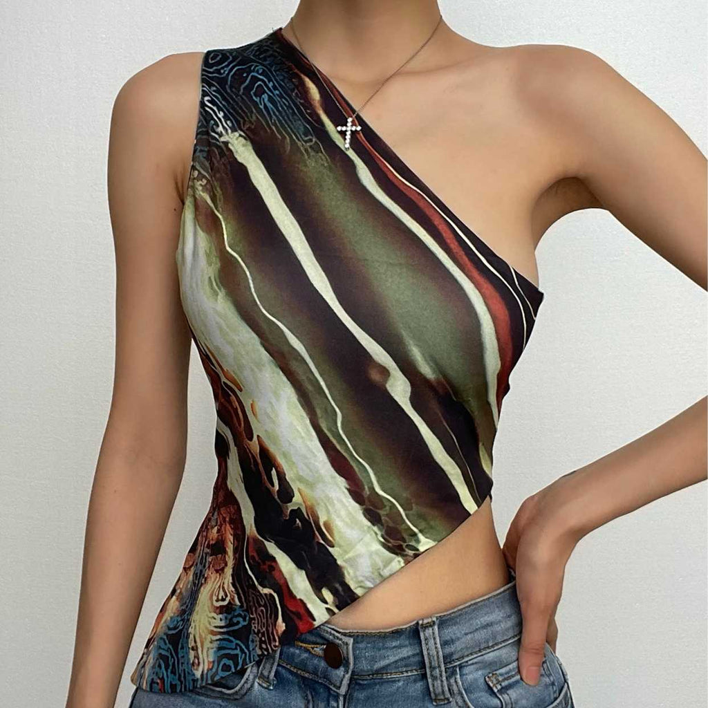 Abstract Print Contrast One Shoulder Irregular Crop Top
