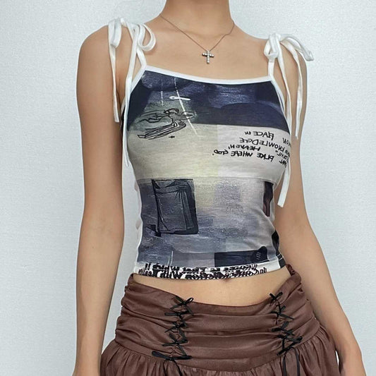 Abstract Self Tie Contrast Square Neck Backless Crop Top