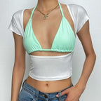 Short sleeve contrast 2 piece hollow out front crop top