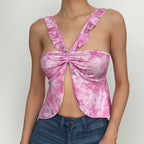 Ruffle tie dye slit backless ruched contrast crop top