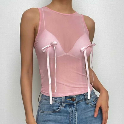 Sheer mesh see through bowknot sleeveless crewneck top