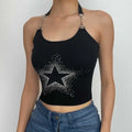 Halter metal chain backless u neck star beaded crop top