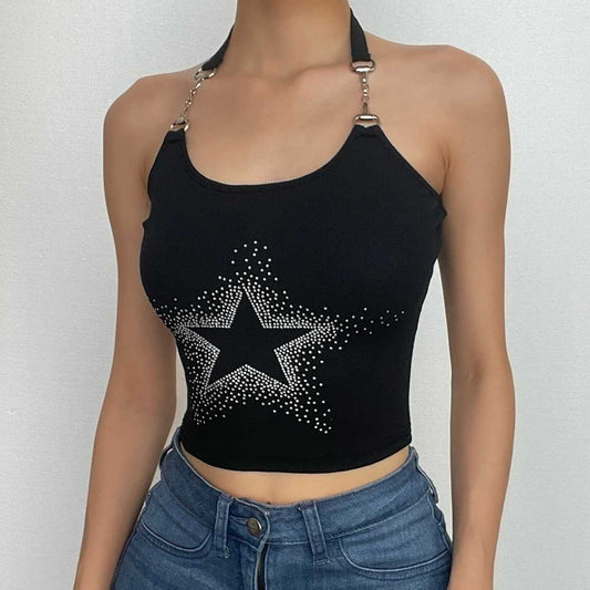 Top corto con scollo a U, schiena scoperta, catena in metallo e perline a stella 