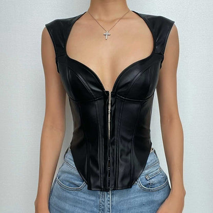 Top scollato con maniche a cappuccio e bottoni in pelle PU solida 