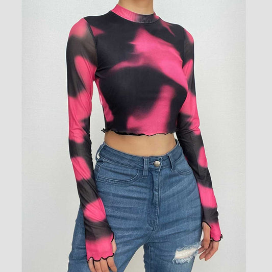 Long sleeve high neck gloves tie dye mesh crop top