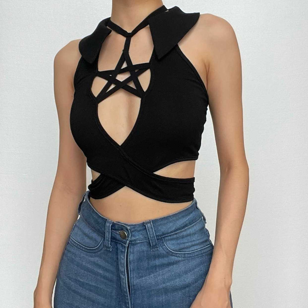Top corto senza maniche con collo a V e scollo all'americana traforato 