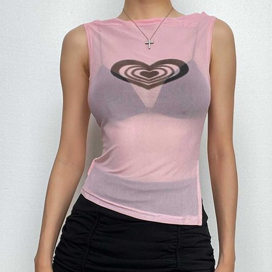 Top senza maniche con motivo a cuore in rete trasparente con scollo a cappuccio 