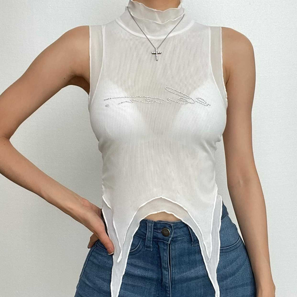 Sheer mesh see through beaded high neck crop top