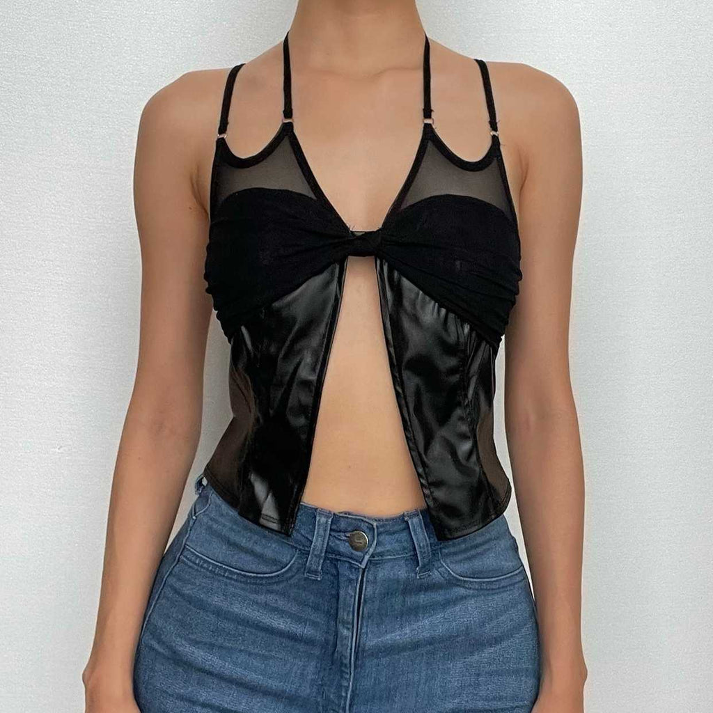 Mesh knotted PU leather patchwork halter solid v neck crop top