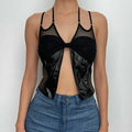 Mesh knotted PU leather patchwork halter solid v neck crop top