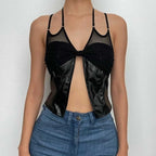 Mesh knotted PU leather patchwork halter solid v neck crop top