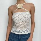 Lace flower applique solid sleeveless backless top