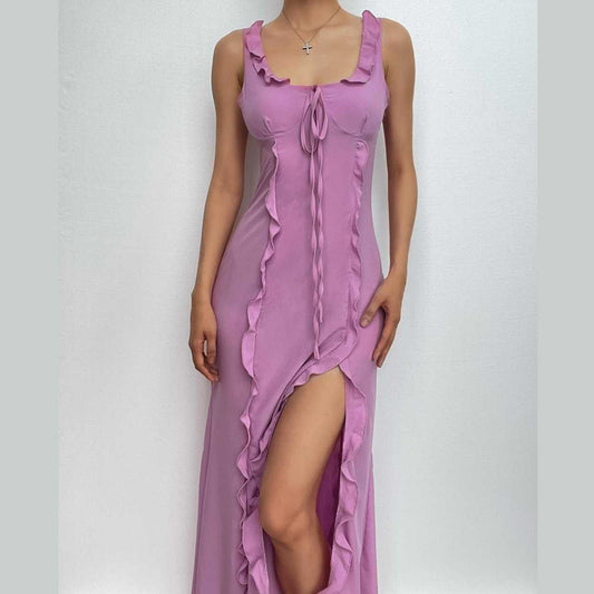 Ärmelloses Maxikleid mit Rüschen, U-Ausschnitt, einfarbigem Schlitz und Schnürung