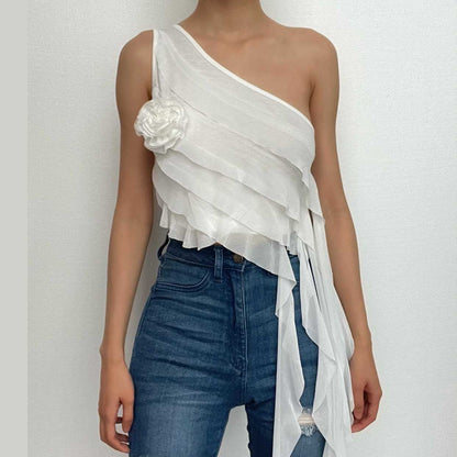 Crop Top mit One-Shoulder-Träger, Rüschenband und Blumenapplikation 