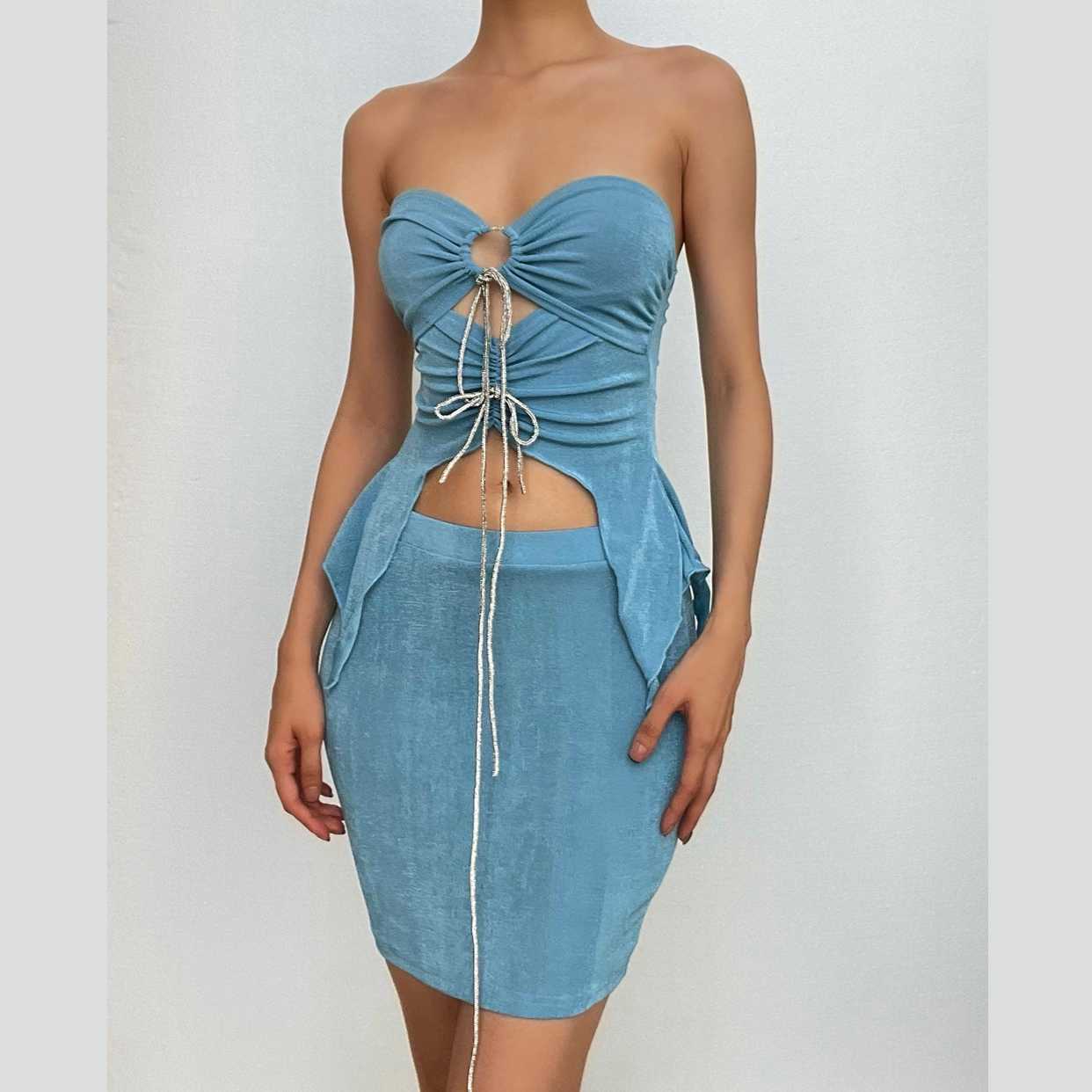 Cross front hollow out halter ruched backless mini skirt set