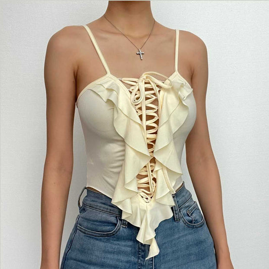 Crop Top mit überkreuzter Vorderseite, ausgehöhlt, einfarbig, Neckholder, Schnürung und Rüschen 