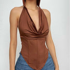 Felpa con cappuccio, corsetto senza maniche, schiena scoperta, collo a cappuccio, top solido 
