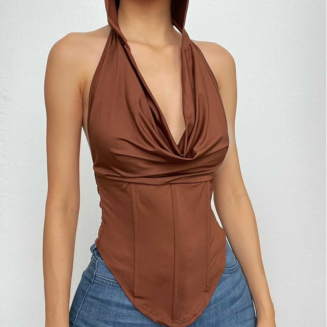 Felpa con cappuccio, corsetto senza maniche, schiena scoperta, collo a cappuccio, top solido 