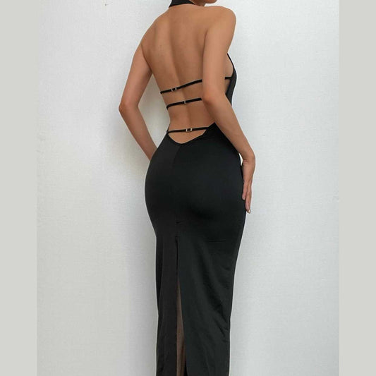Neckholder-Maxikleid mit rückenfreiem Schlitz und ärmellosem Hohlsaum 