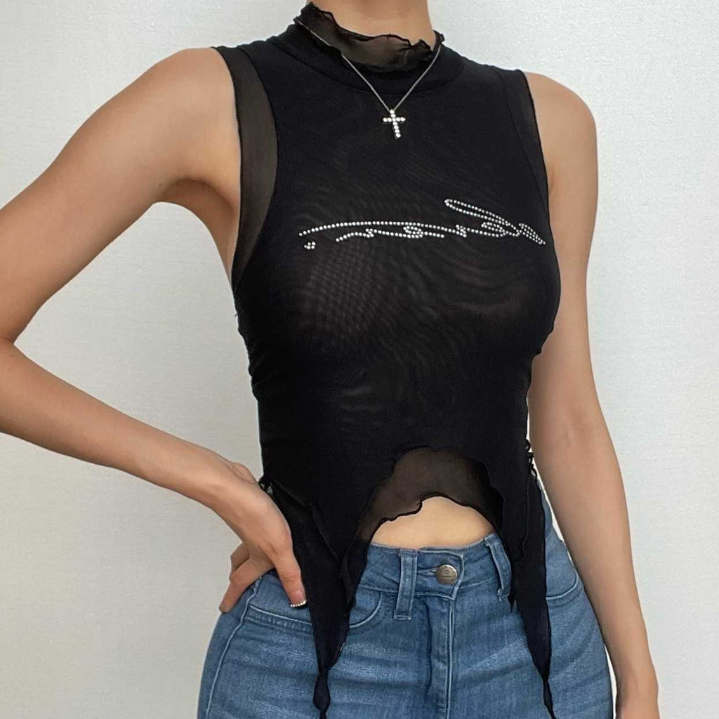 Sheer mesh see through beaded high neck crop top