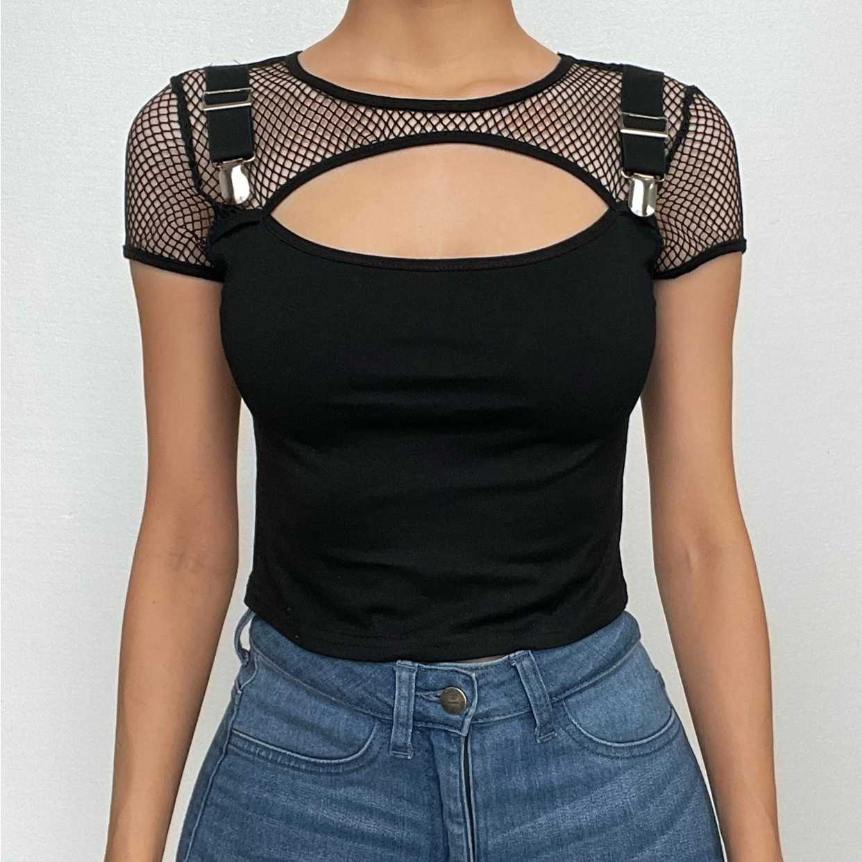 Short sleeve crewneck hollow out fishnet buckle solid top