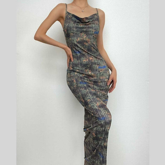 Rückenfreies Camisole-Maxikleid mit Leopardenmuster und Wasserfallausschnitt in Kontrastfarbe 