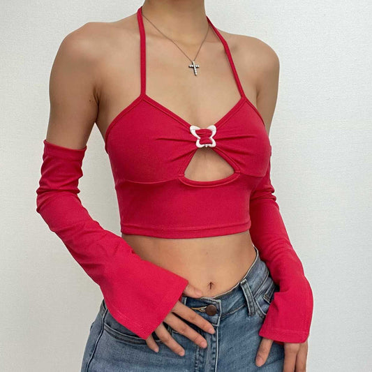 Neckholder mit Schnalle, gekreuzter Vorderseite, ausgehöhlte Handschuhe, rückenfreies Crop-Top - Schlussverkauf