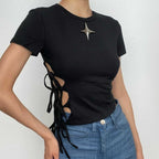 Crewneck short sleeve star applique self tie solid crop top
