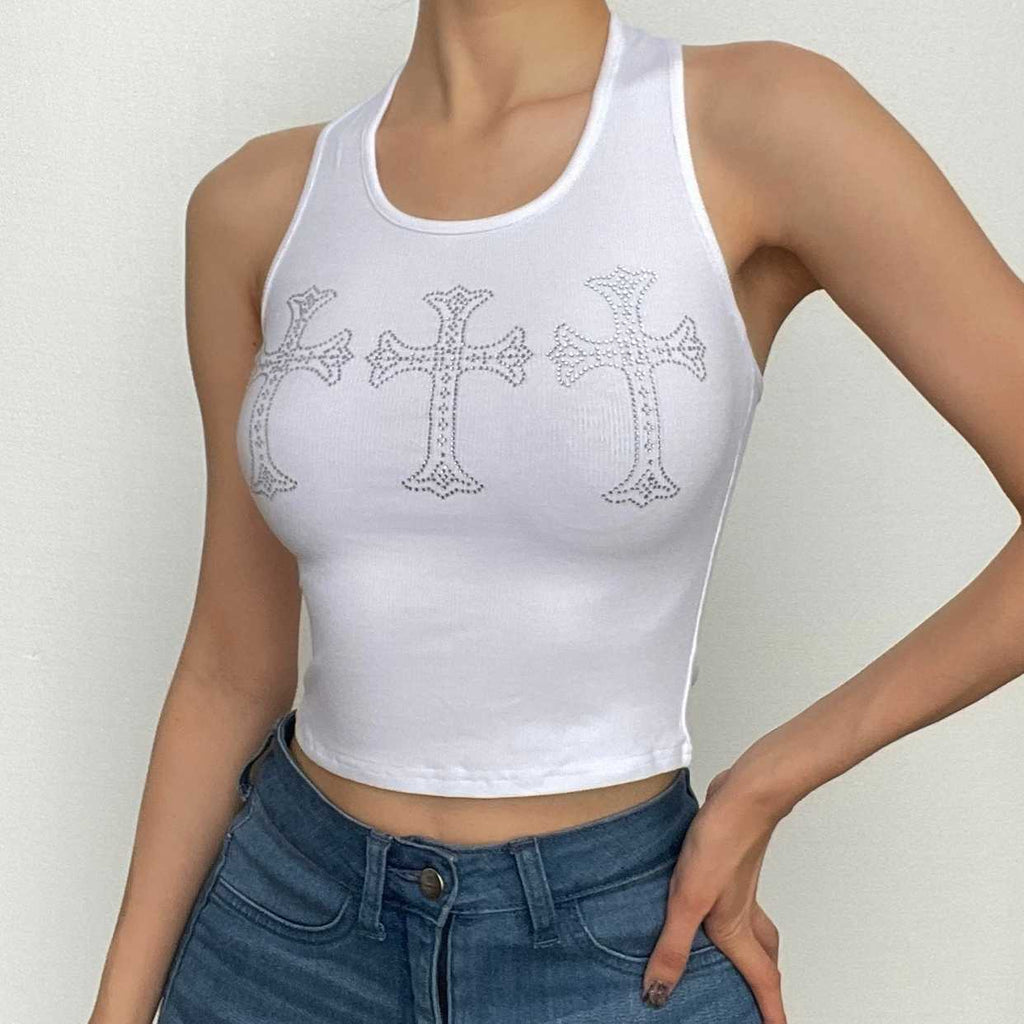 Halter backless cross beaded u neck sleeveless crop top