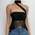 Mesh solid irregular halter slit backless crop top