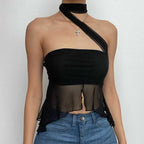 Mesh solid irregular halter slit backless crop top