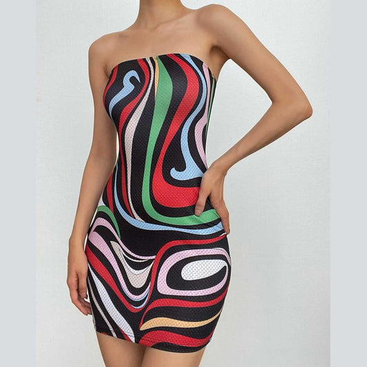 Rückenfreies, ärmelloses Tube-Minikleid mit Kontrastdruck