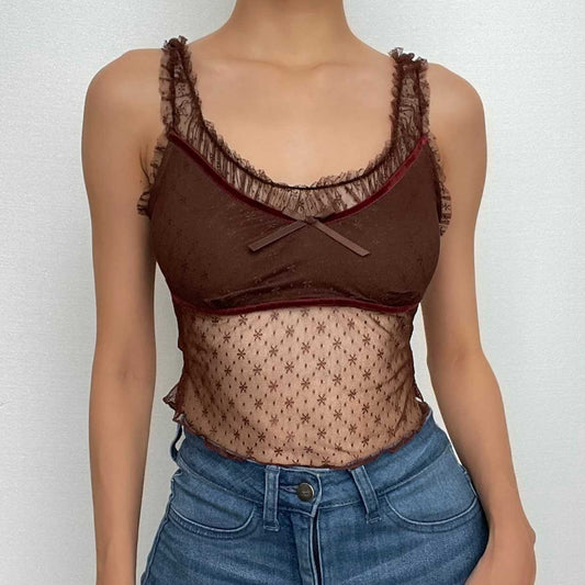 Top corto senza maniche in rete con volant patchwork 