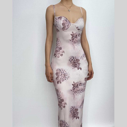 Flower print contrast sweetheart neck backless cami midi dress