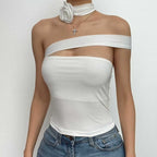 Solid one shoulder flower applique ribbon crop top