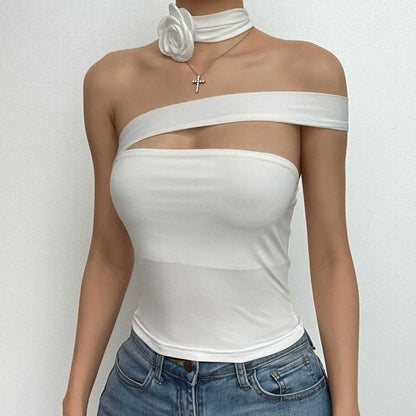 Einfarbiges One-Shoulder-Crop-Top mit Blumenapplikation und Schleife 