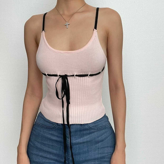 Backless u neck stitch knitted contrast cami crop top