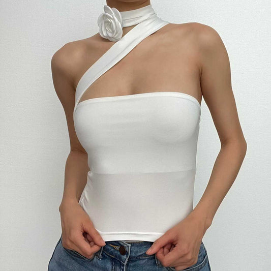 Einfarbiges One-Shoulder-Crop-Top mit Blumenapplikation und Schleife 