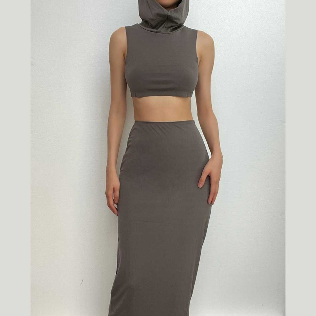 Sleeveless hoodie solid turtle neck maxi skirt set