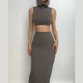 Sleeveless hoodie solid turtle neck maxi skirt set