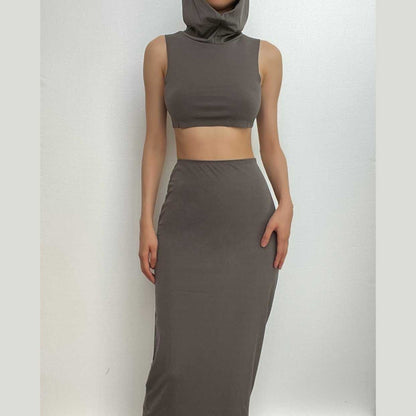 Sleeveless hoodie solid turtle neck maxi skirt set