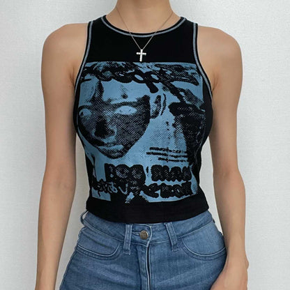 Crewneck sleeveless abstract contrast stitch crop top